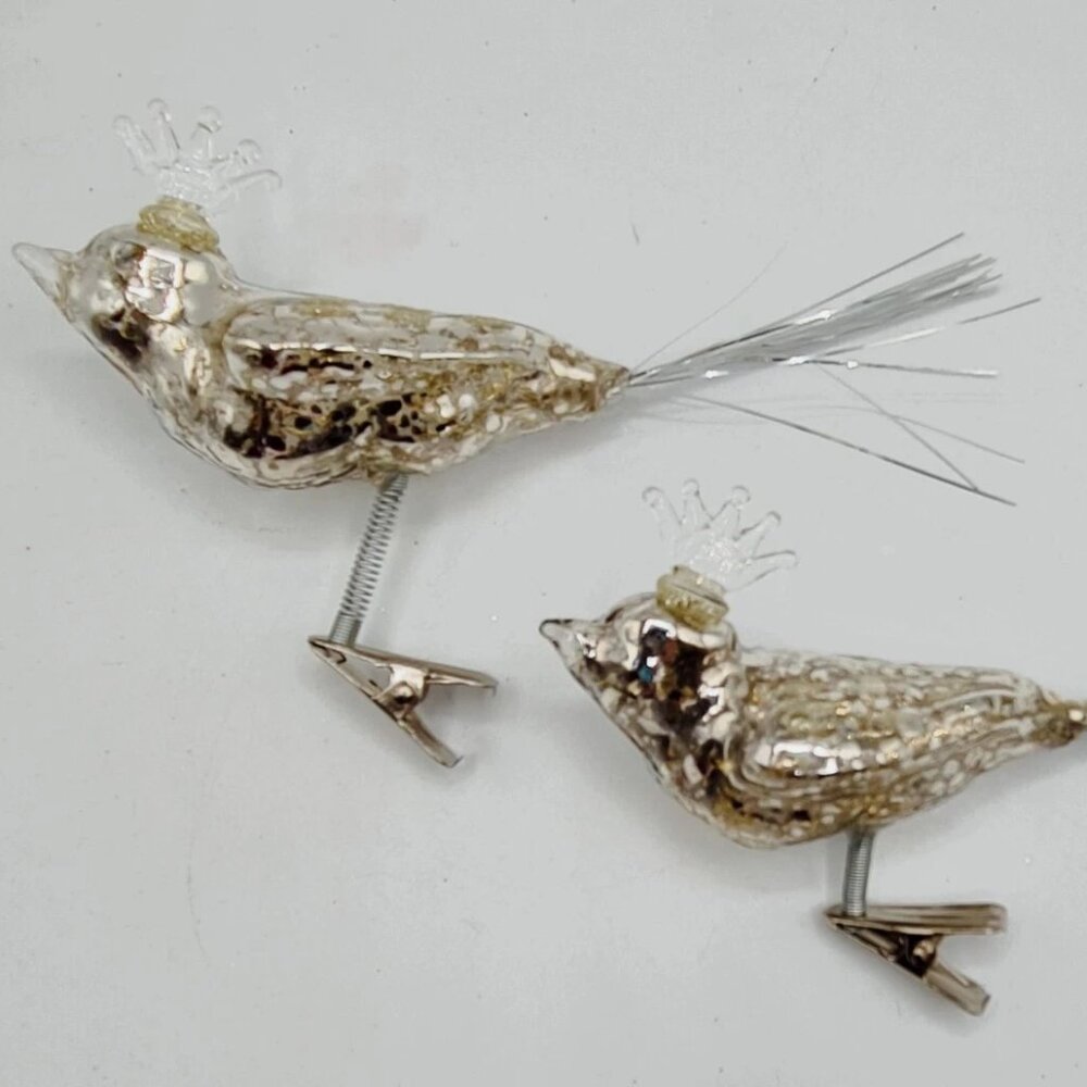 Small Silver Cockatoo Bird Glass Clip On Ornament 3x3.5" Set of 2